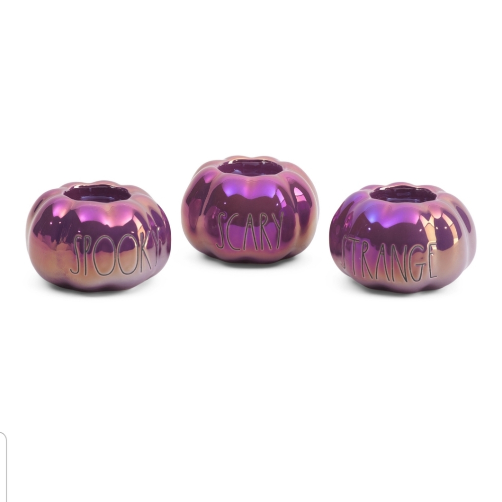 Rae Dunn Purple pink Iridescent pumpkin set 3 tealight candle holders Halloween